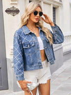 Pearl Trim Long Sleeve Denim Jacket - Delanoir