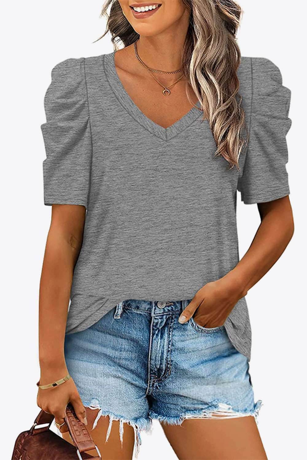 V-Neck Puff Sleeve Tee - Delanoir