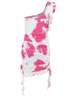 Ruffled Tie-Dye Single Shoulder Mini Dress - Delanoir