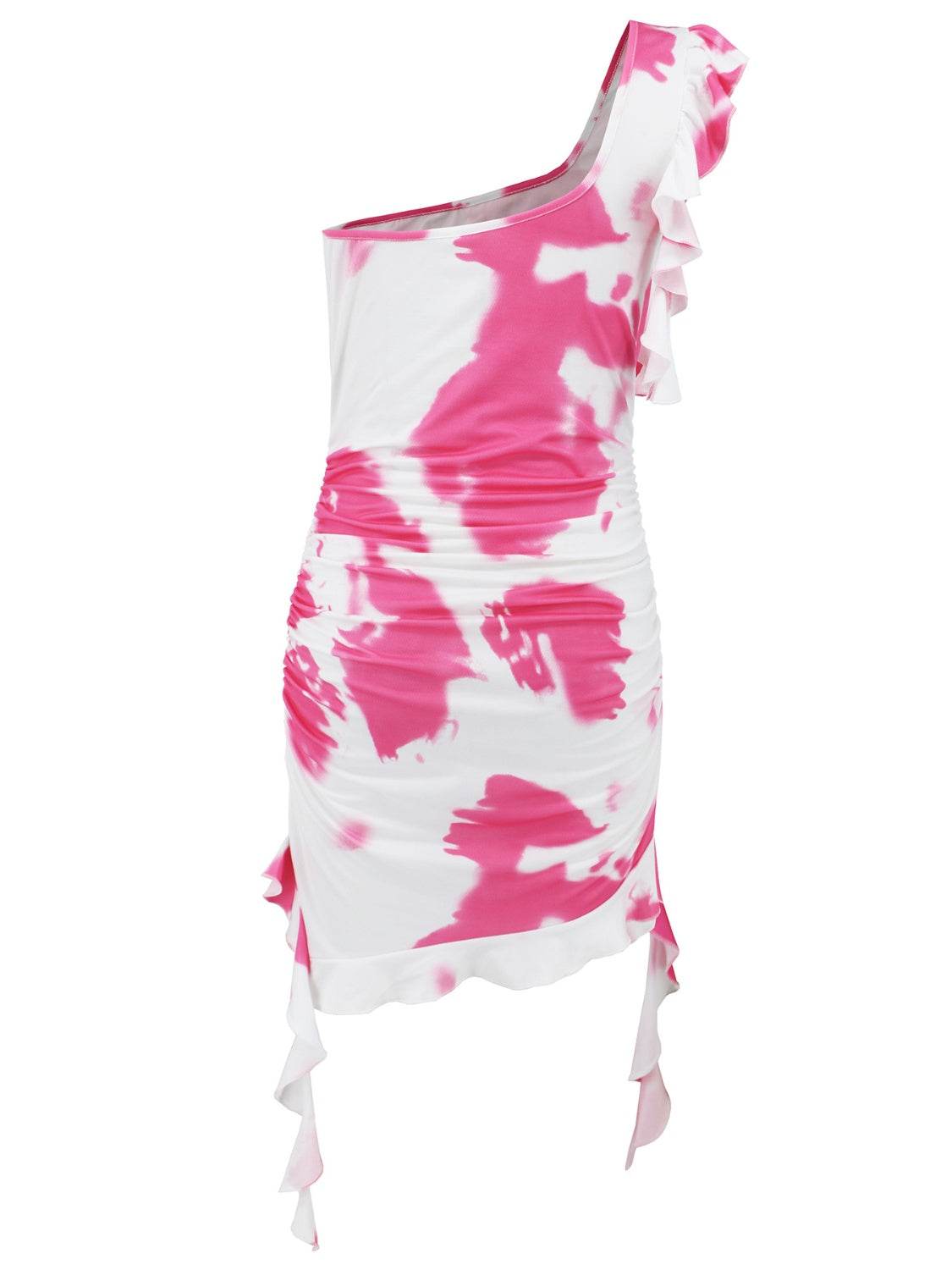 Ruffled Tie-Dye Single Shoulder Mini Dress - Delanoir