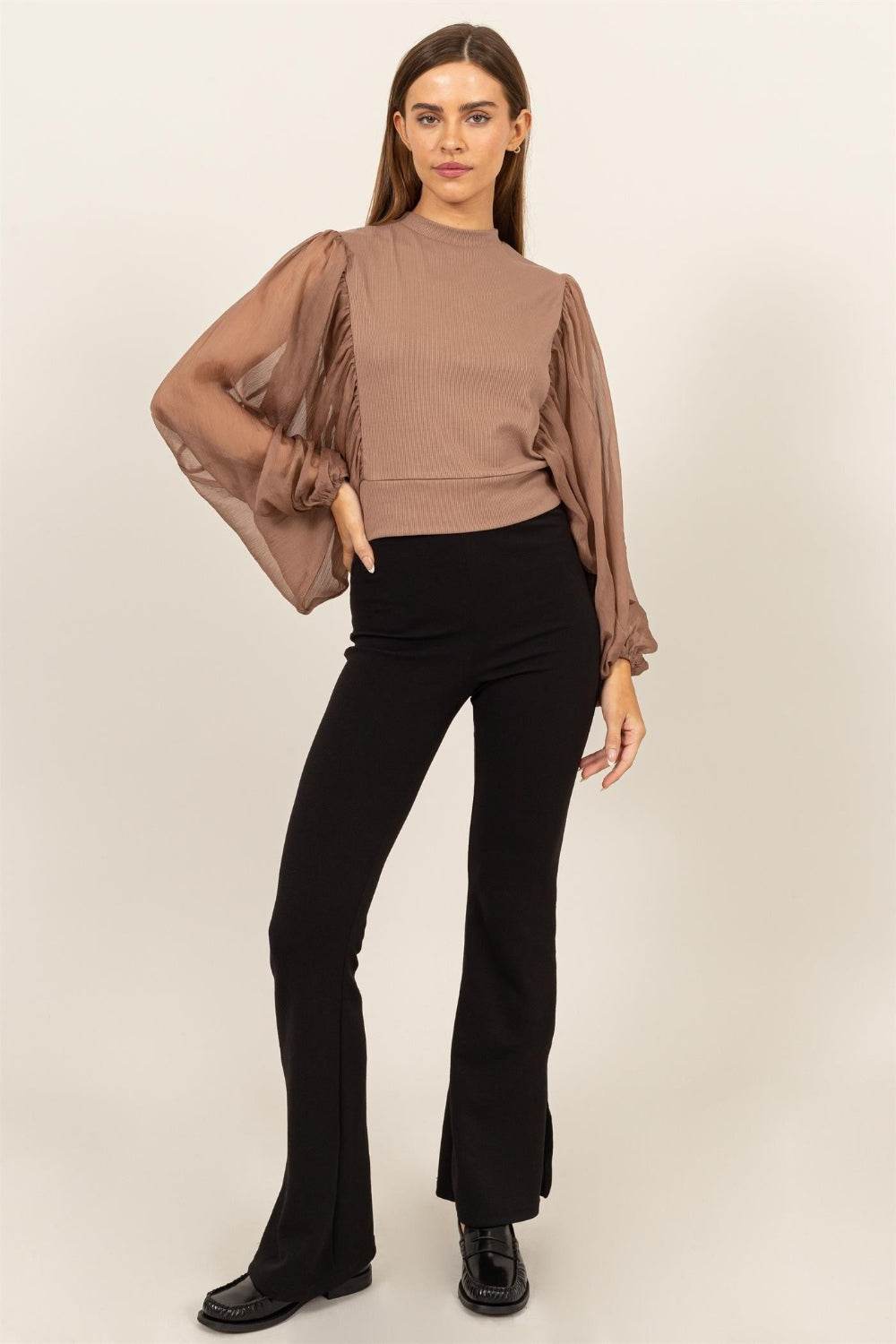 HYFVE Ruched Sheer Long Sleeve Mock Neck Blouse - Delanoir