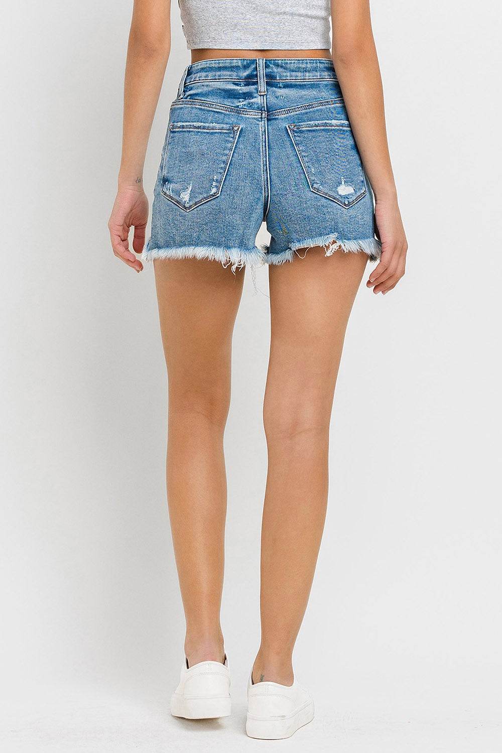 Lovervet Stepped Waist Raw Hem Denim Shorts - Delanoir