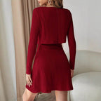 Ribbed Long Sleeve Cropped Cardigan and Cami Dress Set - Delanoir