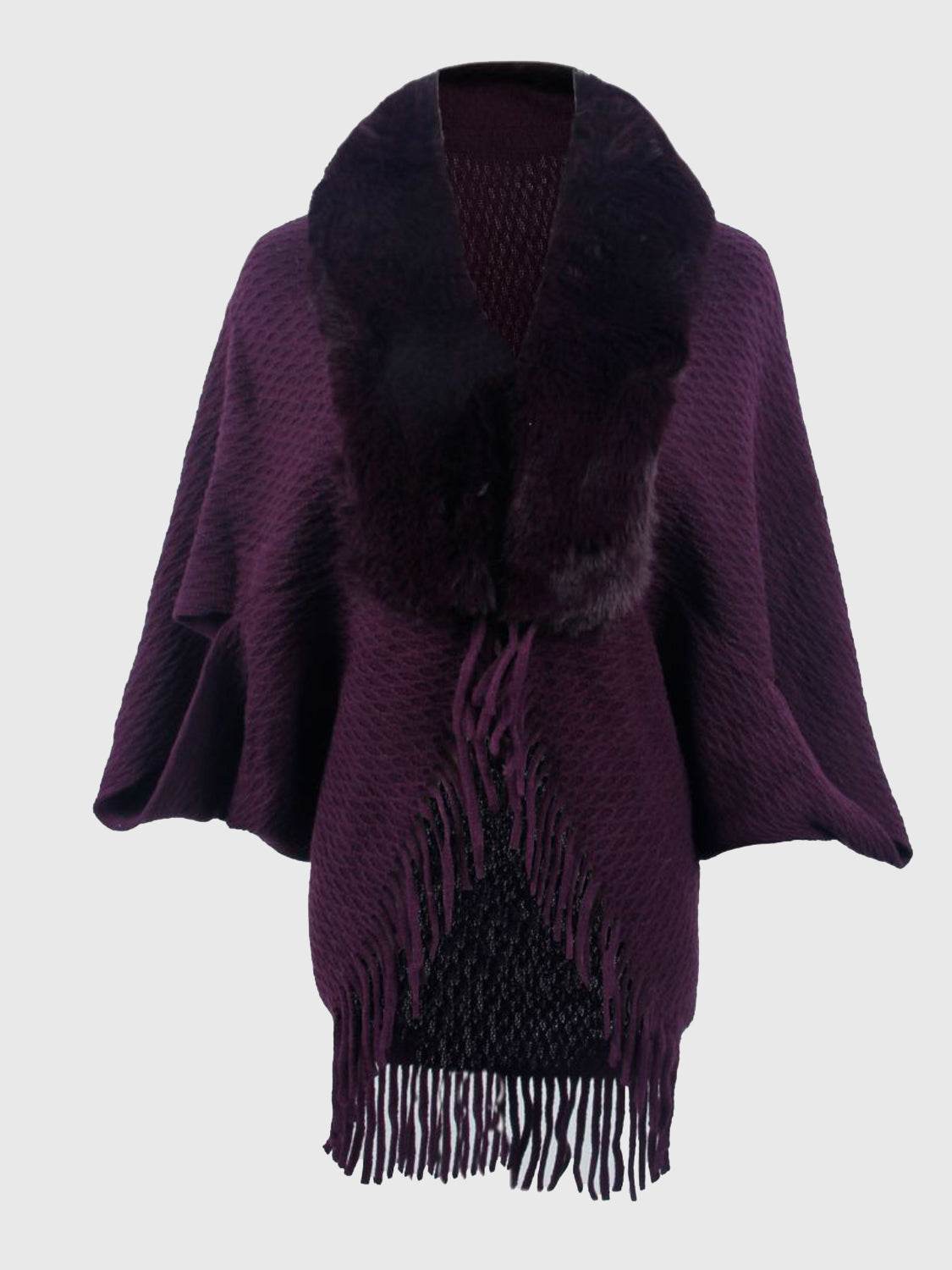Open Front Fringe Hem Poncho - Delanoir