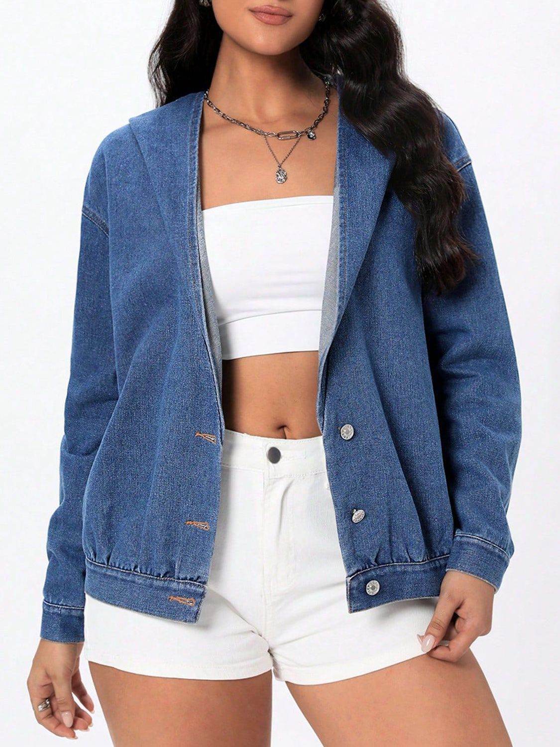 Button Up Hooded Denim Top - Delanoir