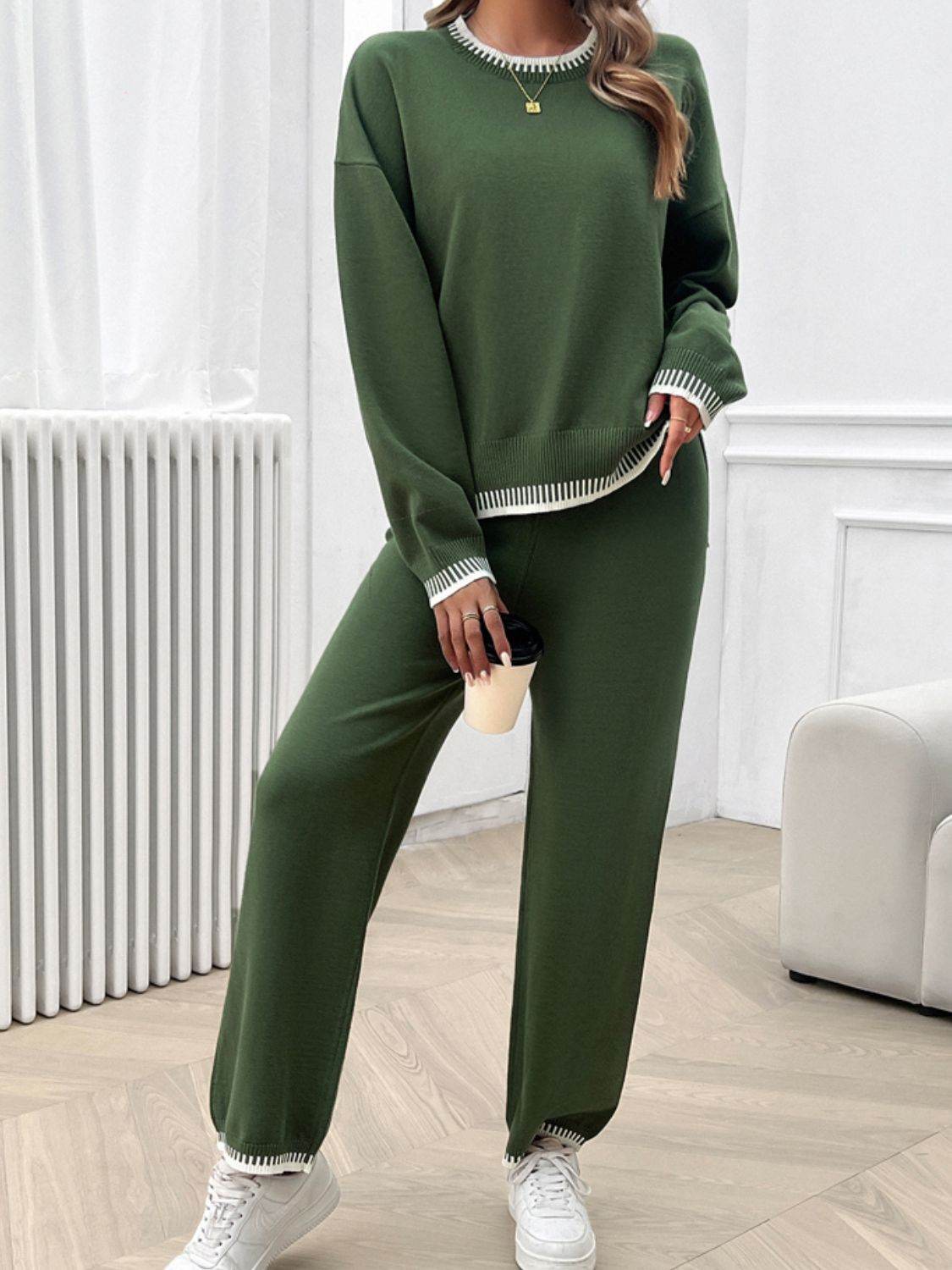 Devine Round Neck Dropped Shoulder Top and Pants Sweater Set - Delanoir