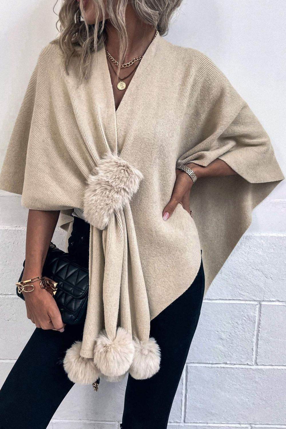 Surplice Neck Pom-Pom Trim Poncho - Delanoir
