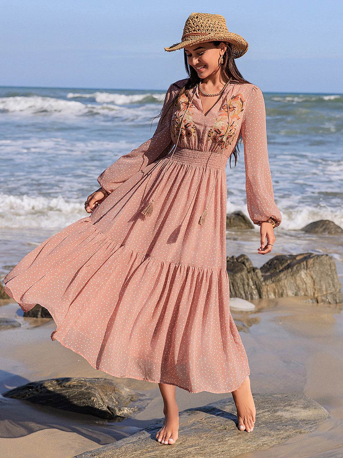 Embroidered Polka Dot Tie Neck Long Sleeve Midi Dress - Delanoir