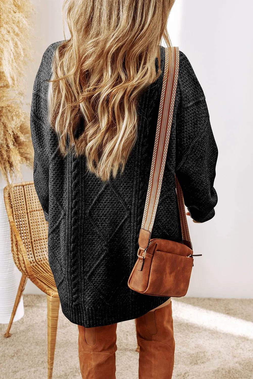 Cable-Knit Round Neck Sweater Dress - Delanoir