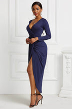 High-low Ruched Surplice Long Sleeve Dress - Delanoir