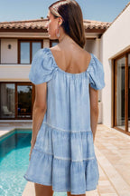 Square Neck Puff Sleeve Denim Dress - Delanoir
