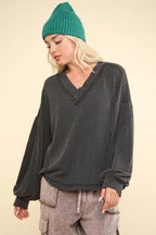 VERY J Two Tone Ribbed V-Neck Exposed Seam Top - Delanoir