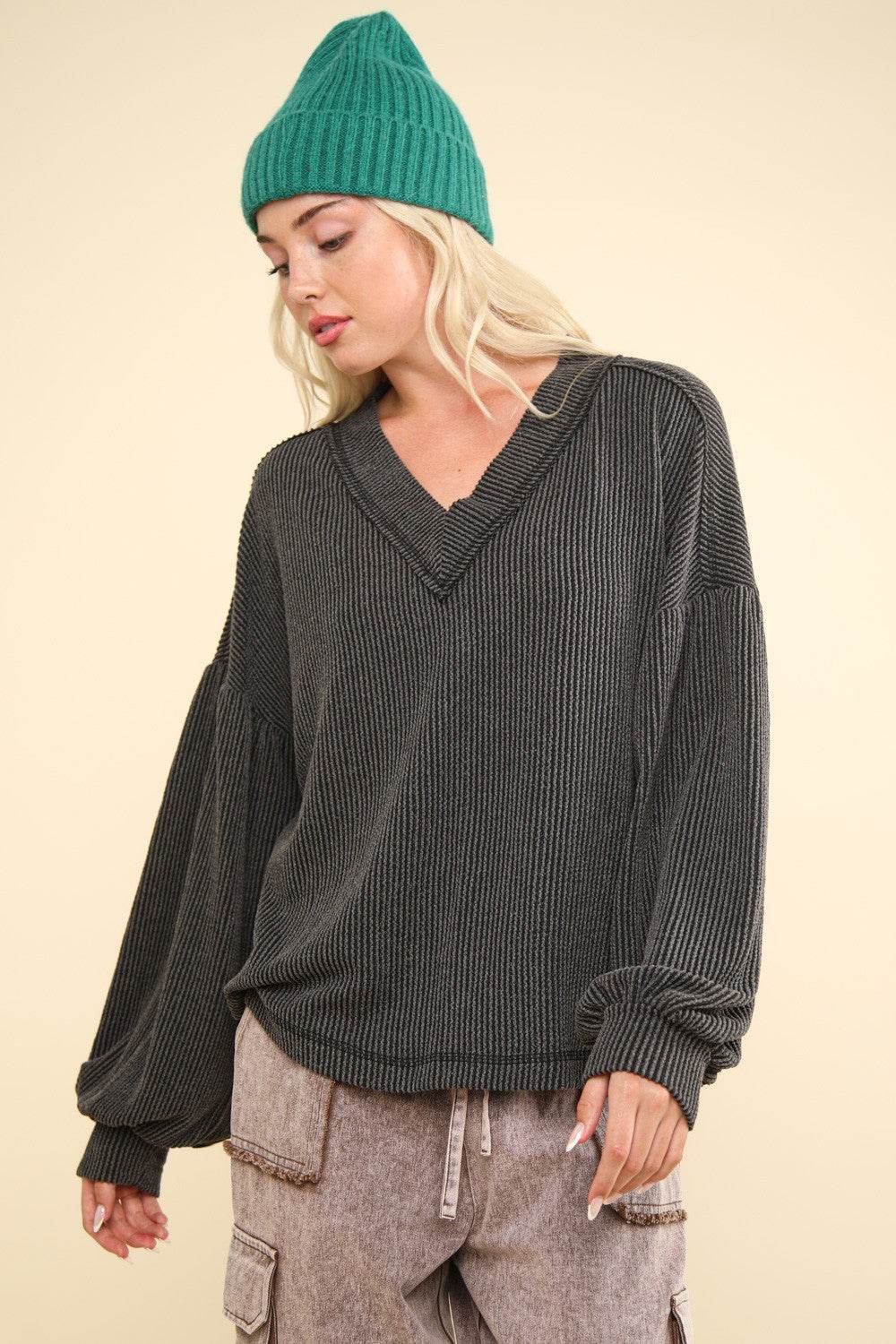 VERY J Two Tone Ribbed V-Neck Exposed Seam Top - Delanoir
