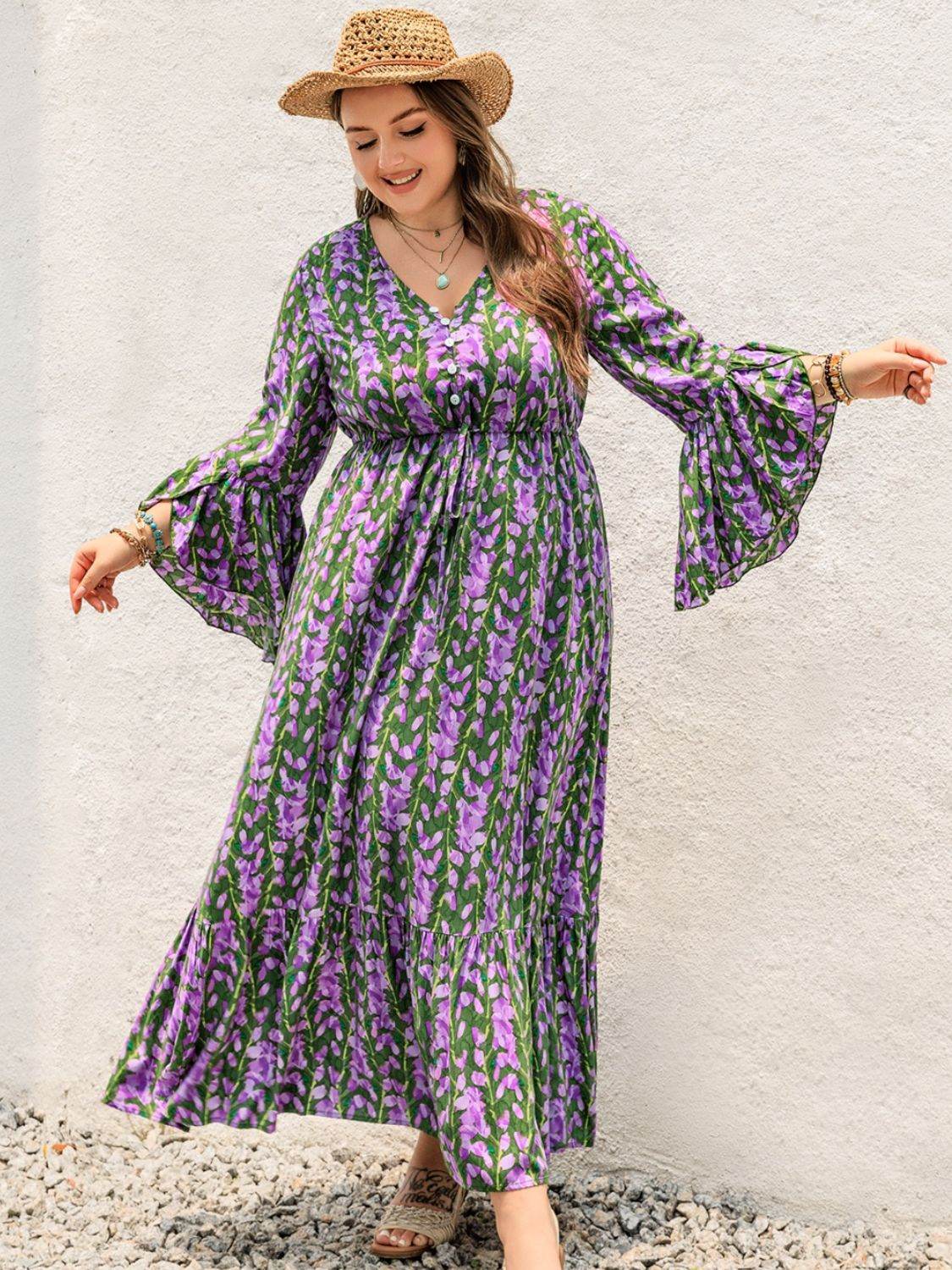 Plus Size Printed V-Neck Long Sleeve Maxi Dress - Delanoir