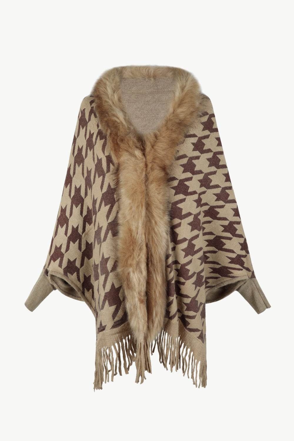Houndstooth Fringe Hem Poncho - Delanoir