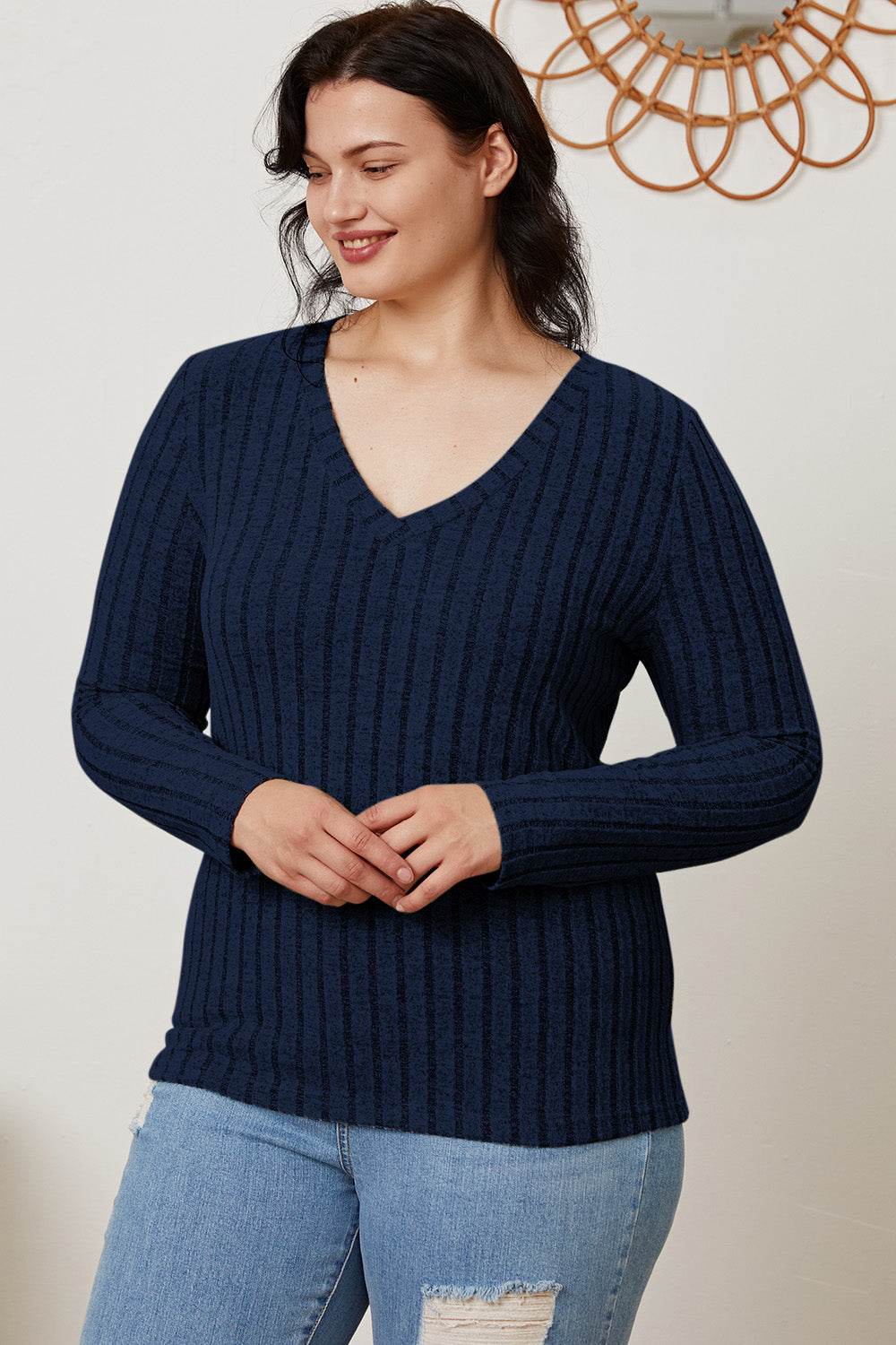 Basic Bae Full Size Ribbed V-Neck Long Sleeve T-Shirt - Delanoir