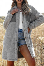 Collared Neck Long Sleeve Longline Teddy Jacket - Delanoir