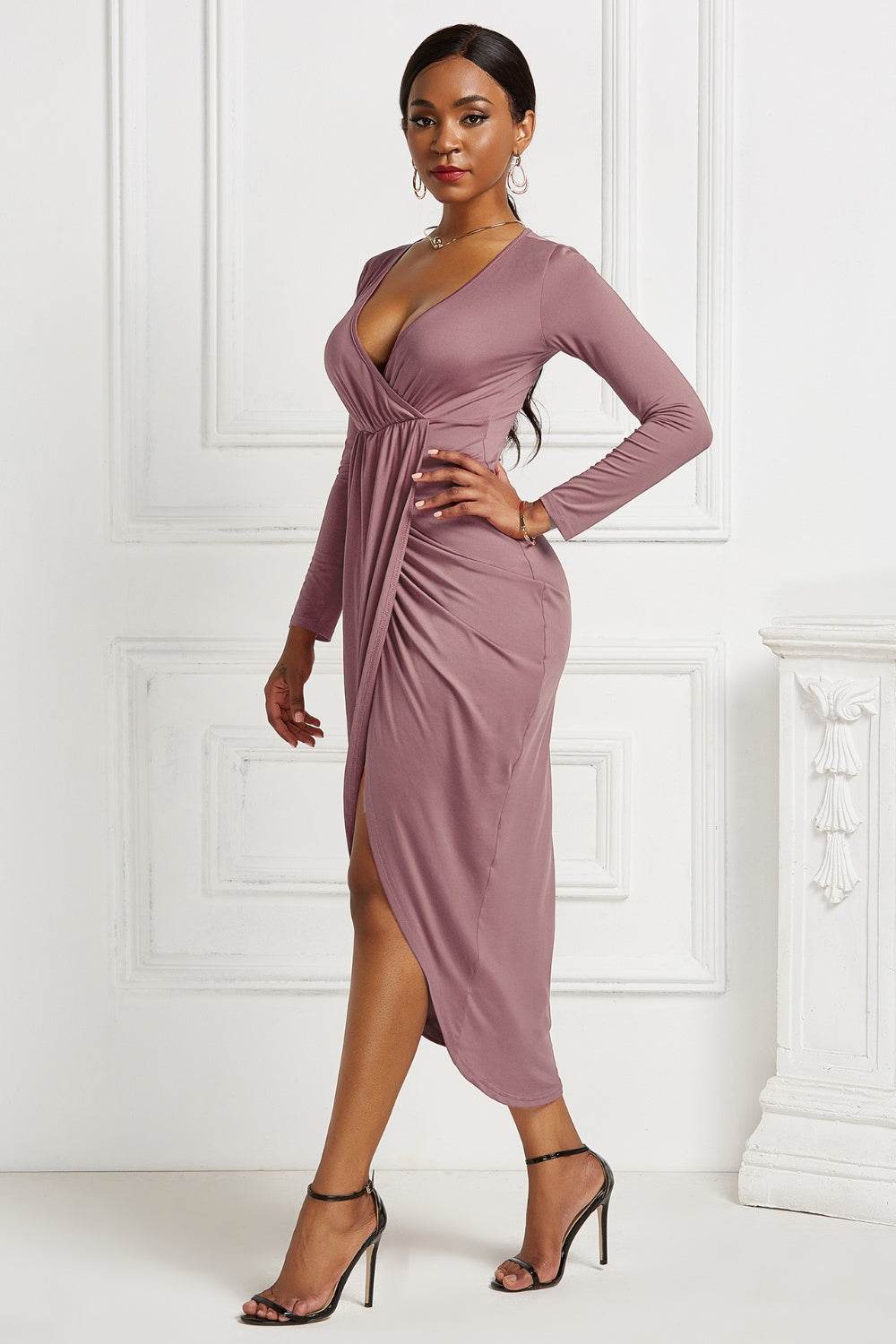High-low Ruched Surplice Long Sleeve Dress - Delanoir
