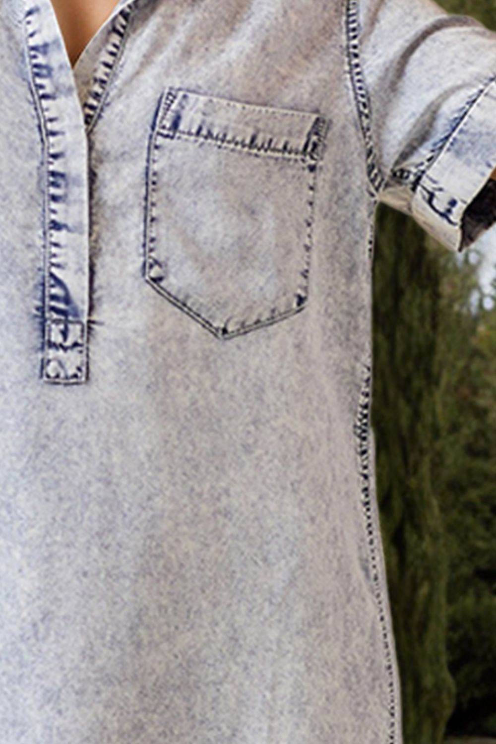 Pocketed Collared Neck Short Sleeve Denim Dress - Delanoir