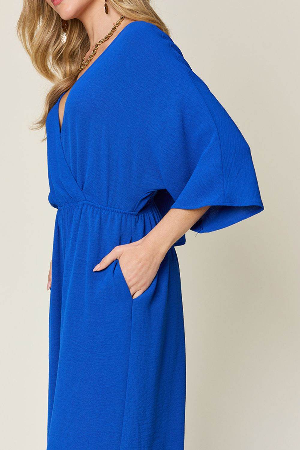 Double Take Full Size Surplice Wide Leg Jumpsuit with Pockets - Delanoir