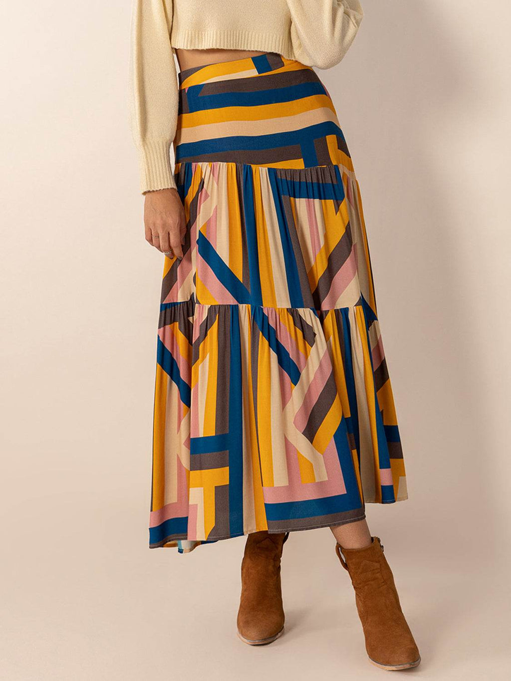 Ruched Elastic Waist Contrast Midi Skirt - Delanoir