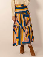 Ruched Elastic Waist Contrast Midi Skirt - Delanoir