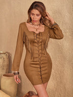Fringe Lace Up Square Neck Long Sleeve Mini Dress - Delanoir