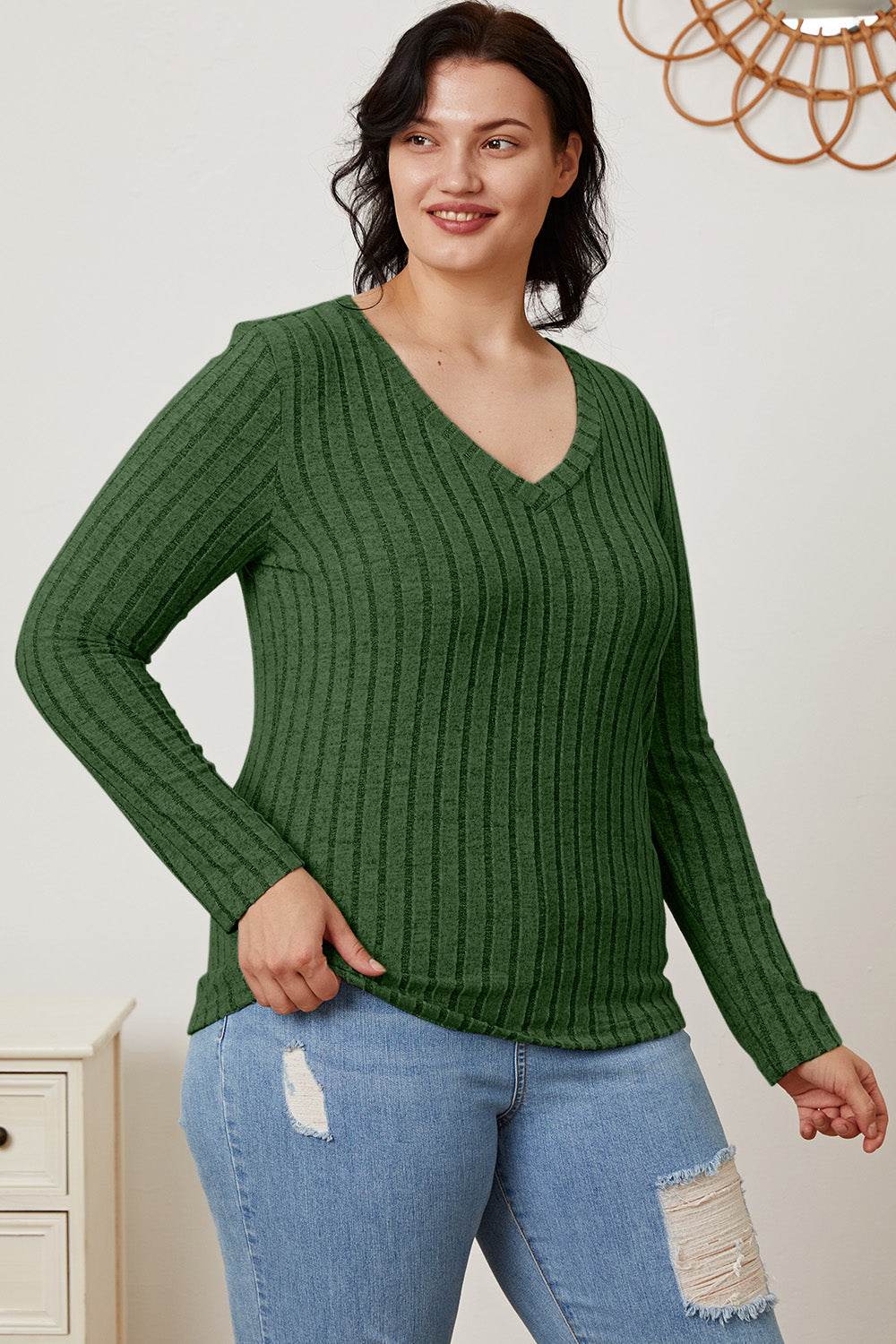 Basic Bae Full Size Ribbed V-Neck Long Sleeve T-Shirt - Delanoir