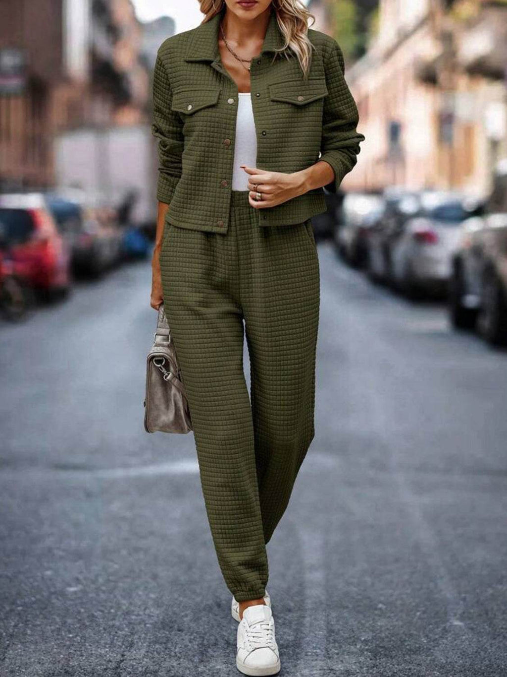 Plaid Texture Snap Down Top and Pants Set - Delanoir