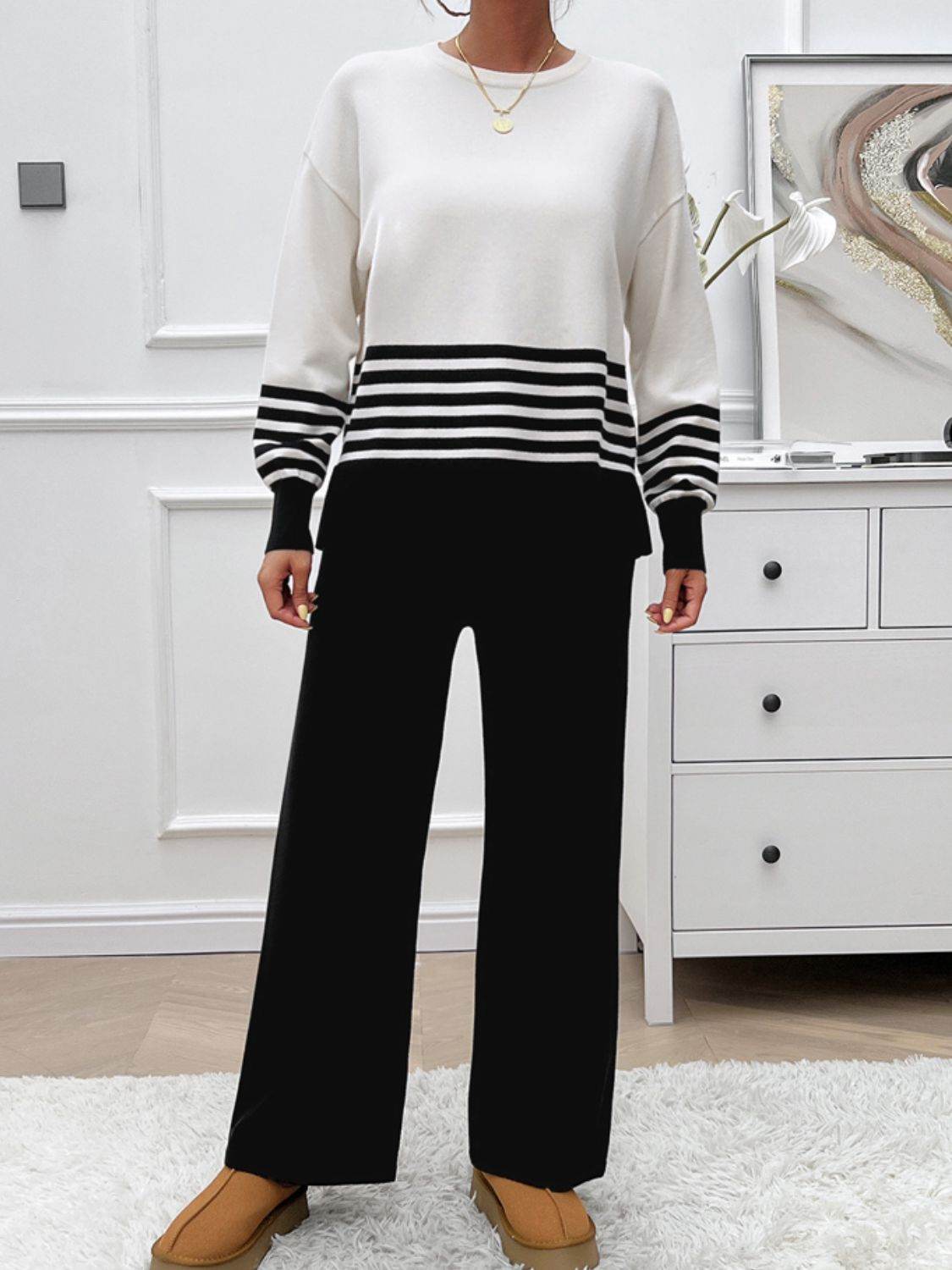 Devine Slit Striped Round Neck Top and Pants Sweater Set - Delanoir