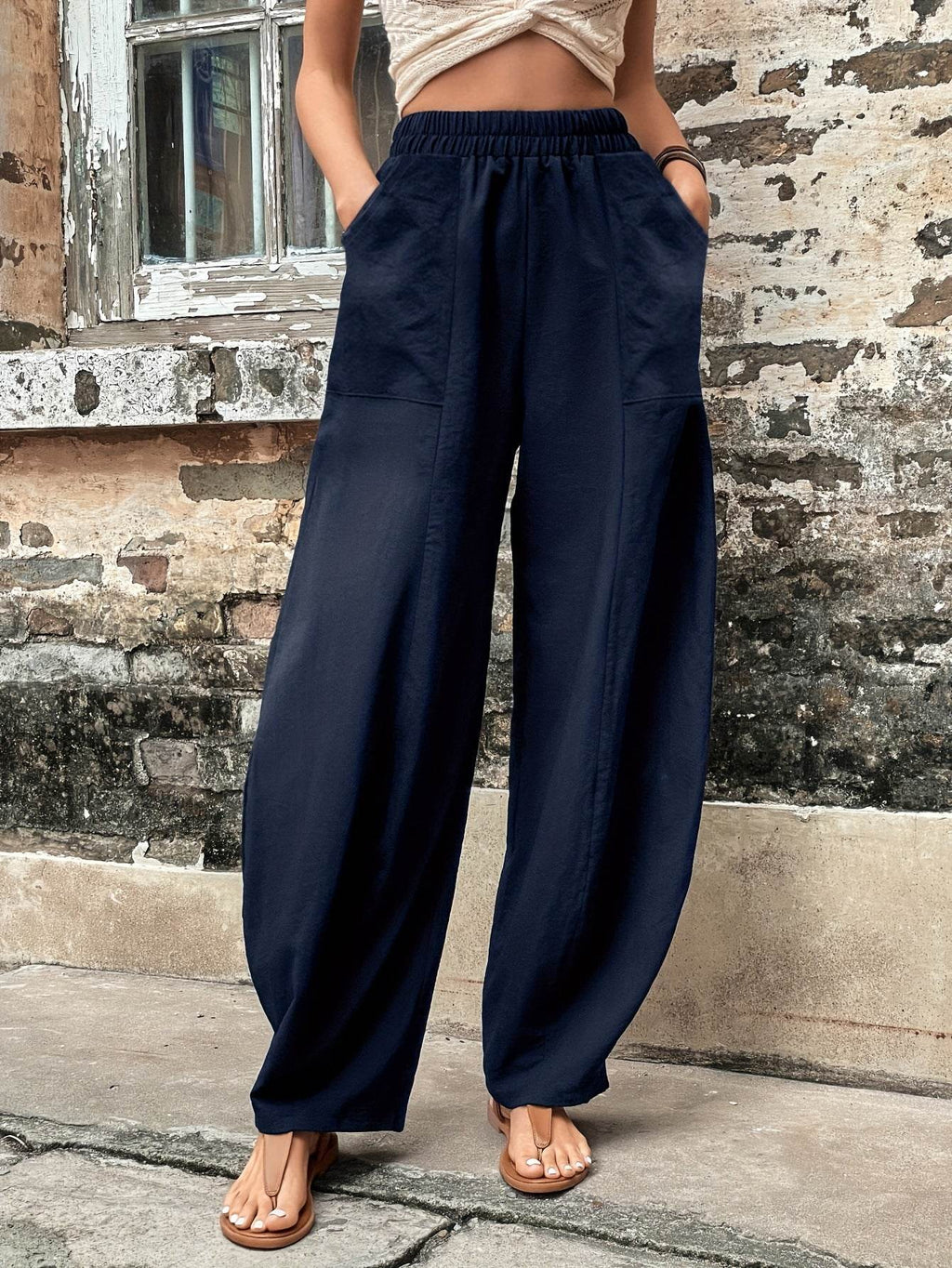 Elastic Waist Pants with Pockets - Delanoir