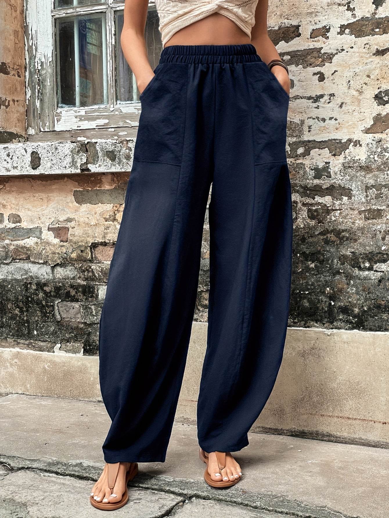 Elastic Waist Pants with Pockets - Delanoir