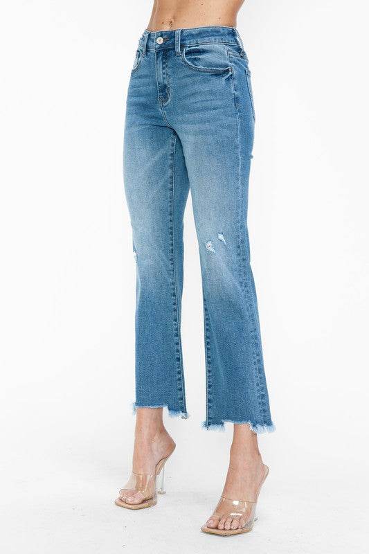 bytos Raw Hem Distressed Mid Rise Crop Jeans - Delanoir