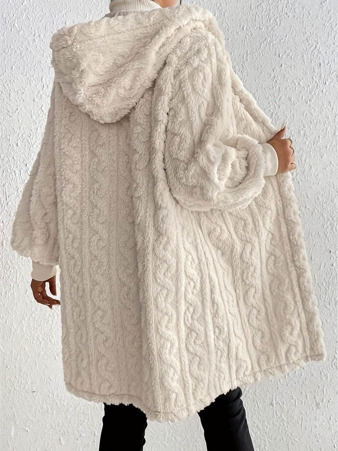 Open Front Long Sleeve Fuzzy Hooded Jacket - Delanoir