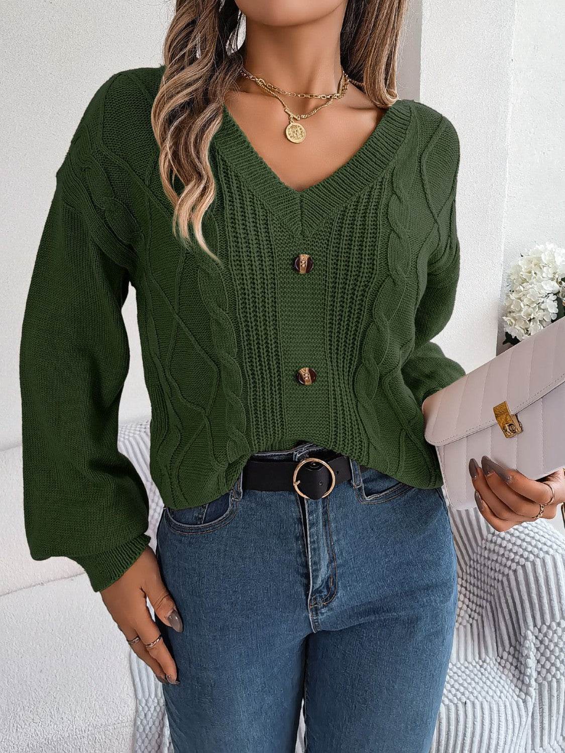 Cable-Knit Buttoned V-Neck Sweater - Delanoir