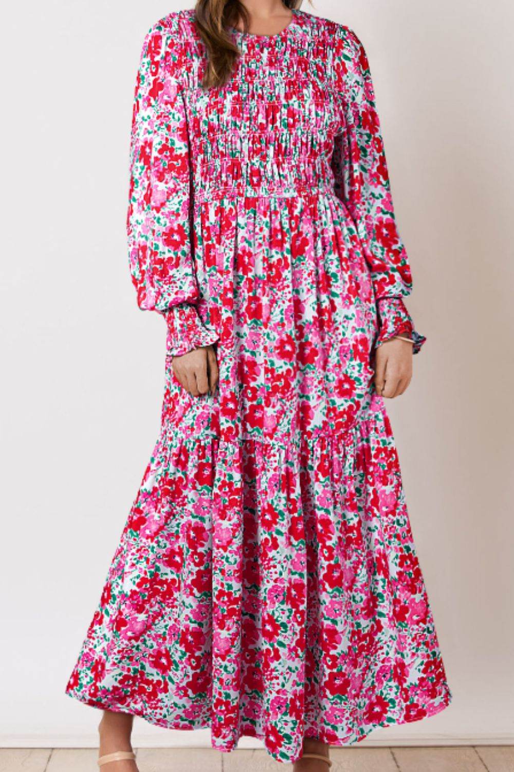 Printed Round Neck Lantern Sleeve Maxi Dress - Delanoir