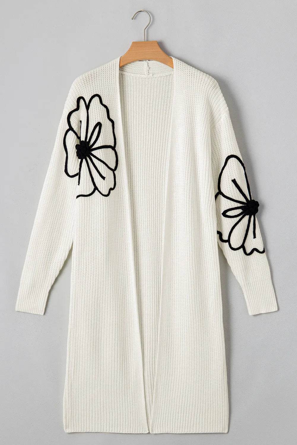 Full Size Flower Open Front Long Sleeve Cardigan - Delanoir