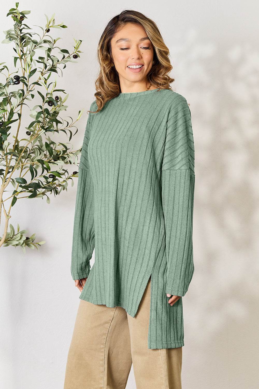 Basic Bae Full Size Ribbed Round Neck Long Sleeve Slit Top - Delanoir