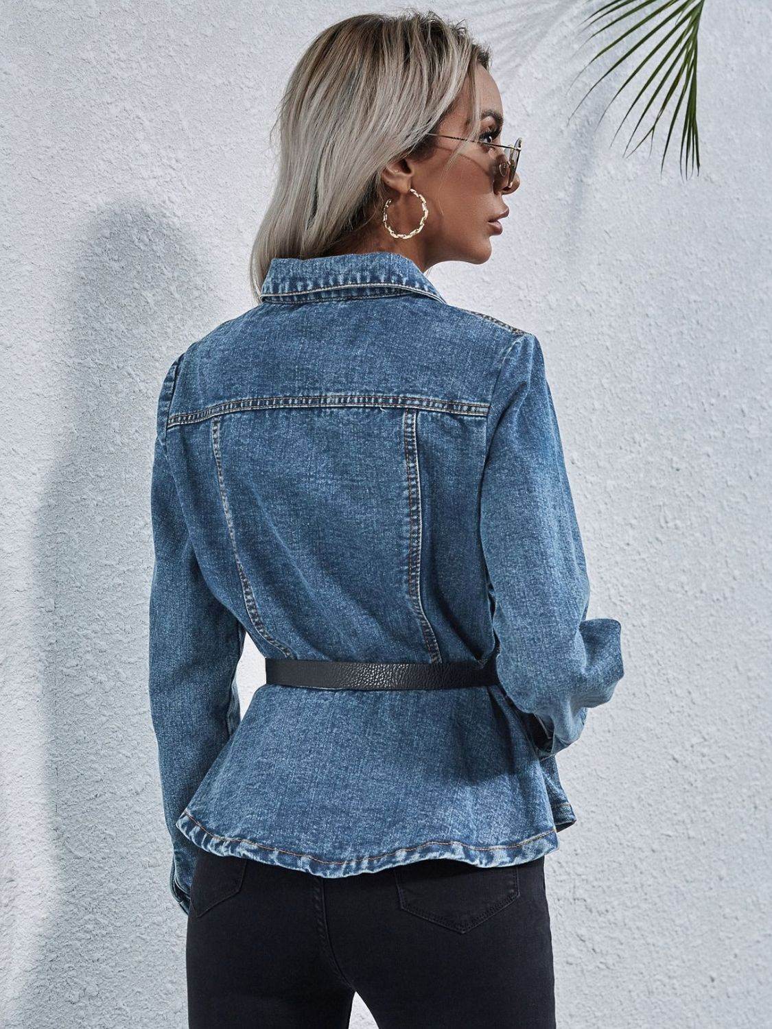 Peplum Collared Neck Long Sleeve Denim Top - Delanoir