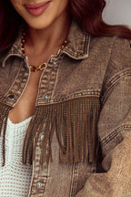Fringe Trim Snap Down Denim Jacket - Delanoir