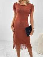 Fringe Openwork Boat Neck Knit Dress - Delanoir