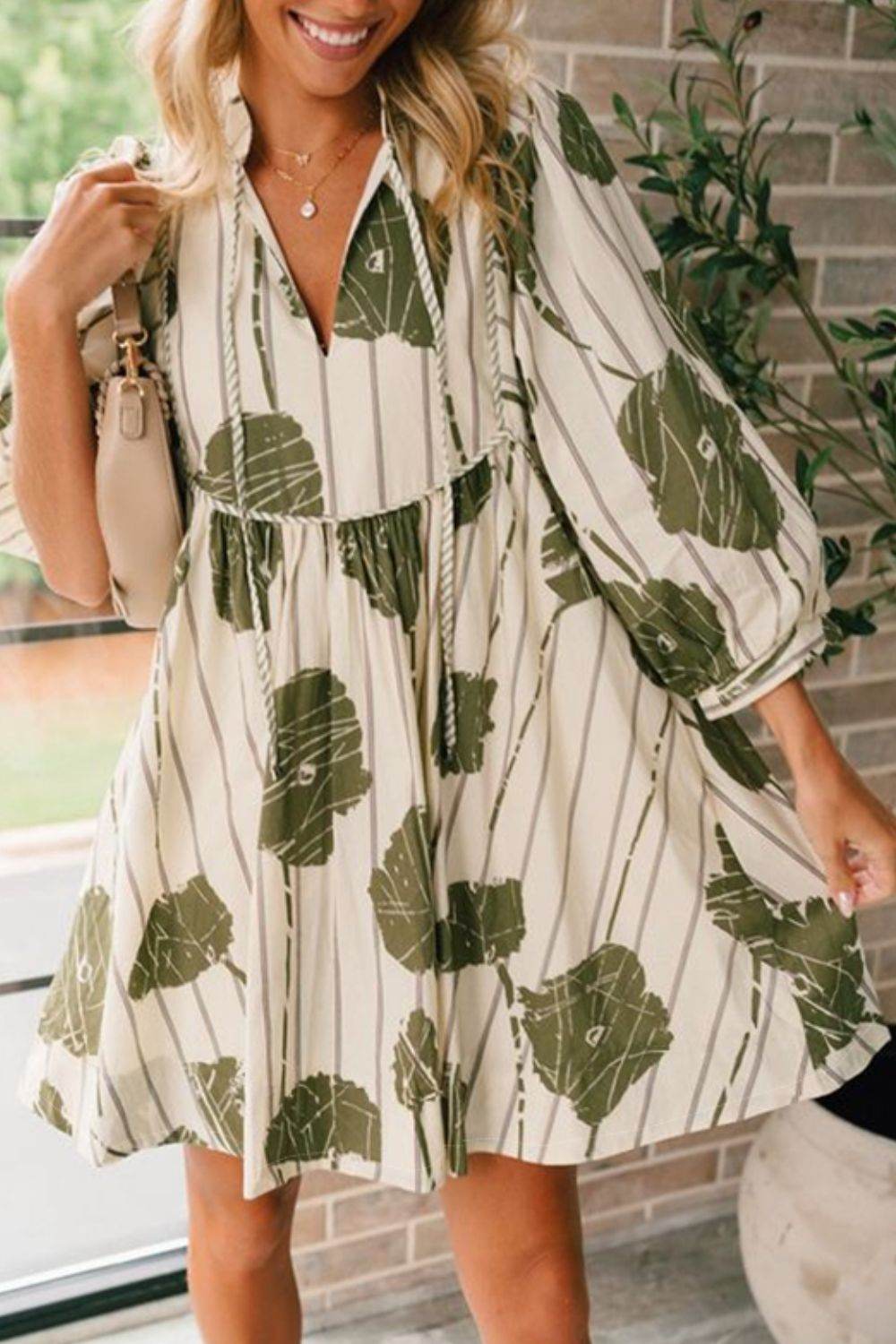 Printed Tie Neck Three-Quarter Sleeve Mini Dress - Delanoir