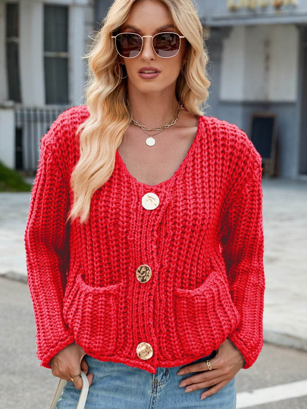 Round Neck Button Up Cardigan with Pockets - Delanoir