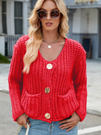 Round Neck Button Up Cardigan with Pockets - Delanoir