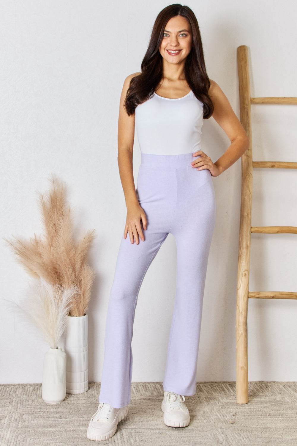 RISEN Full Size High Waist Ultra Soft Knit Flare Pants - Delanoir