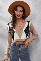 Geometric Long Sleeve Cropped Sweater - Delanoir