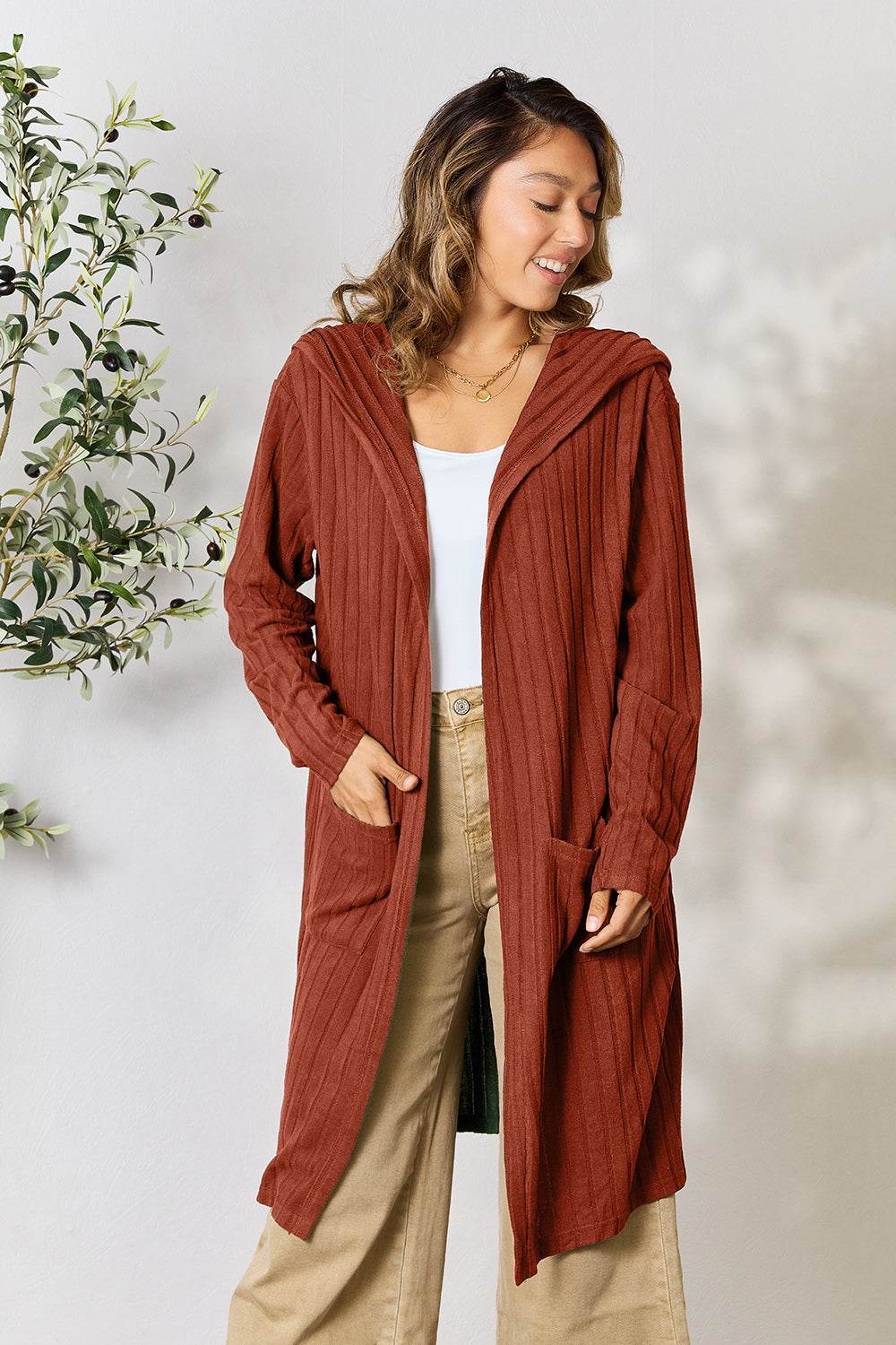 Basic Bae Full Size Hooded Sweater Cardigan - Delanoir