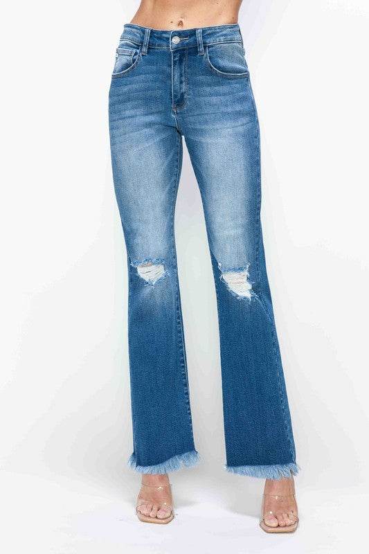 bytos Full Size Raw Hem Distressed High Rise Bootcut Jeans - Delanoir