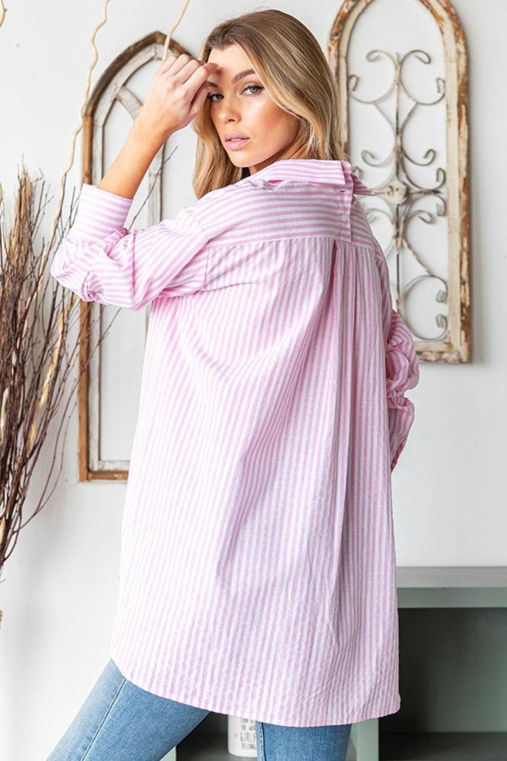 First Love Full Size Striped Button Down High-Low Hem Shirt - Delanoir