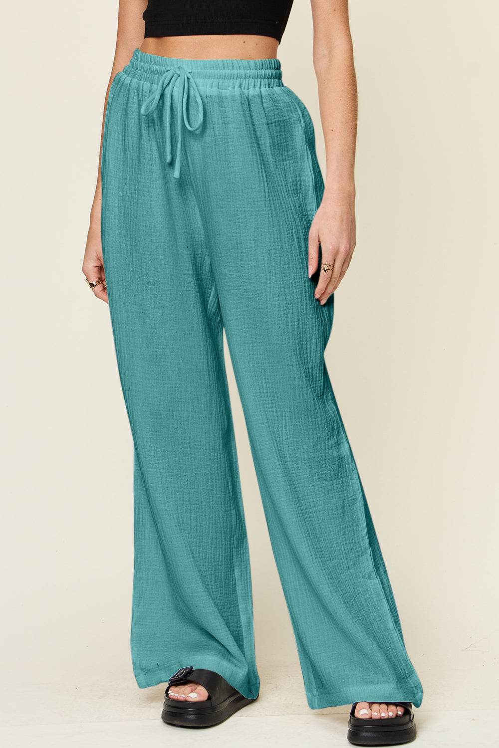 Double Take Full Size Texture Drawstring Wide Leg Pants - Delanoir